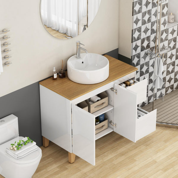 English Elm 36-inch Glossy White Bathroom Vanity with Ceramic Sink Soft Close Drawers Minimalist W3151S00071