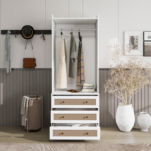 English Elm Wardrobe White 3-Drawer Armoire with Rattan Fronts, Slim Hanging Rod, Anti-Tip Safety, Bedroom Organizer W688P266052