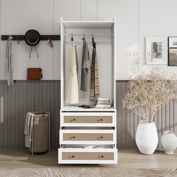 English Elm Wardrobe White 3-Drawer Armoire with Rattan Fronts, Slim Hanging Rod, Anti-Tip Safety, Bedroom Organizer W688P266052