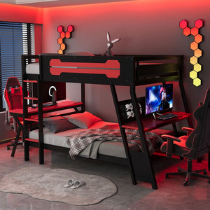 English Elm Full Size Gaming Bunk Bed with Dual Desks Usb Charging Ports and Pegboard Storage Red LT000274AAR