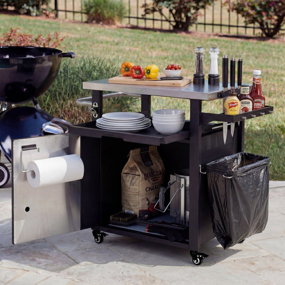 English Elm K&k Outdoor Rolling Grill Cart Stainless Steel Top Bbq Prep Station with Cover N707P379796B