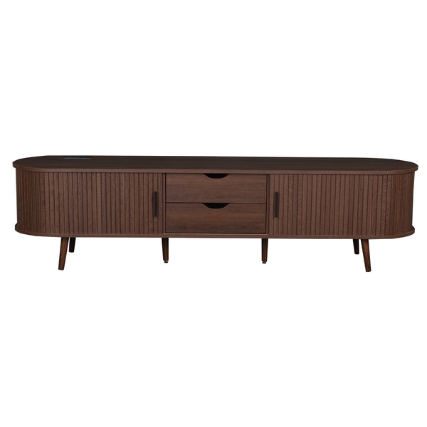 English Elm 70 Mid Century TV Stand with Rattan-Front Drawers, Tambour Doors, Built-In Outlets & Solid Wood Legs Dark Brown N710P339446P