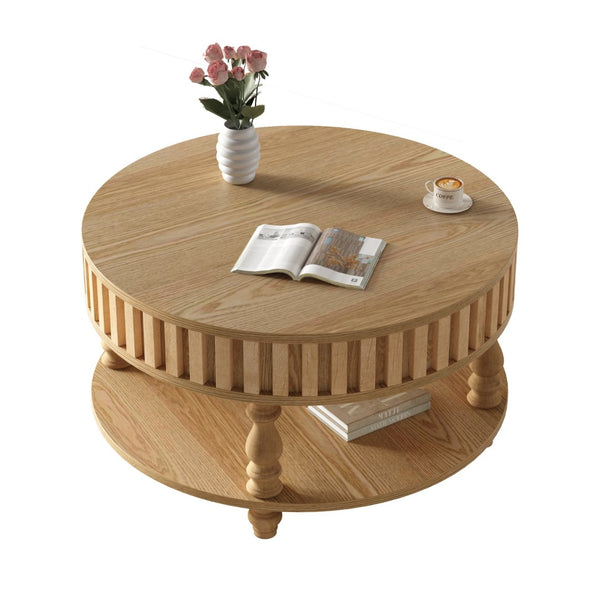 English Elm Farmhouse Fluted Square Coffee Table with Flip Top Hidden Compartment and Open Shelf Natural Wood W1445P370481