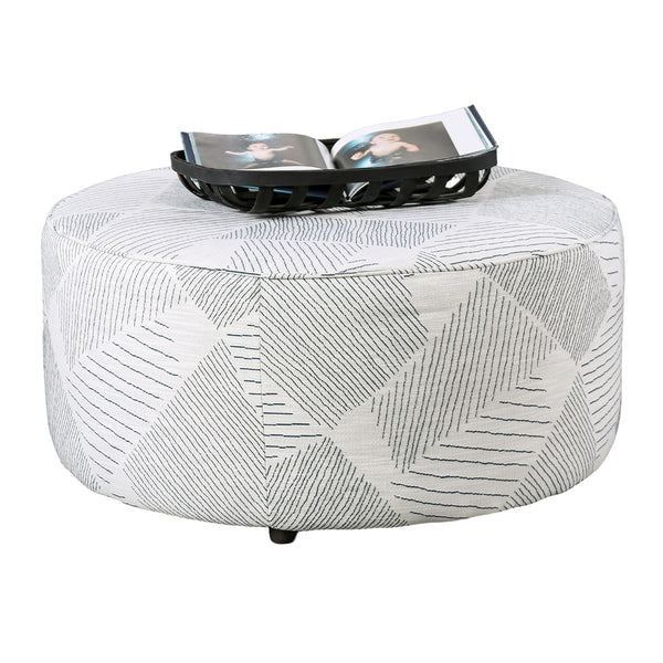 English Elm Round 37.5" Upholstery Ottoman with Geometric Pattern, Gray & Navy Finish, Transitional Accent Seat B2741P355220