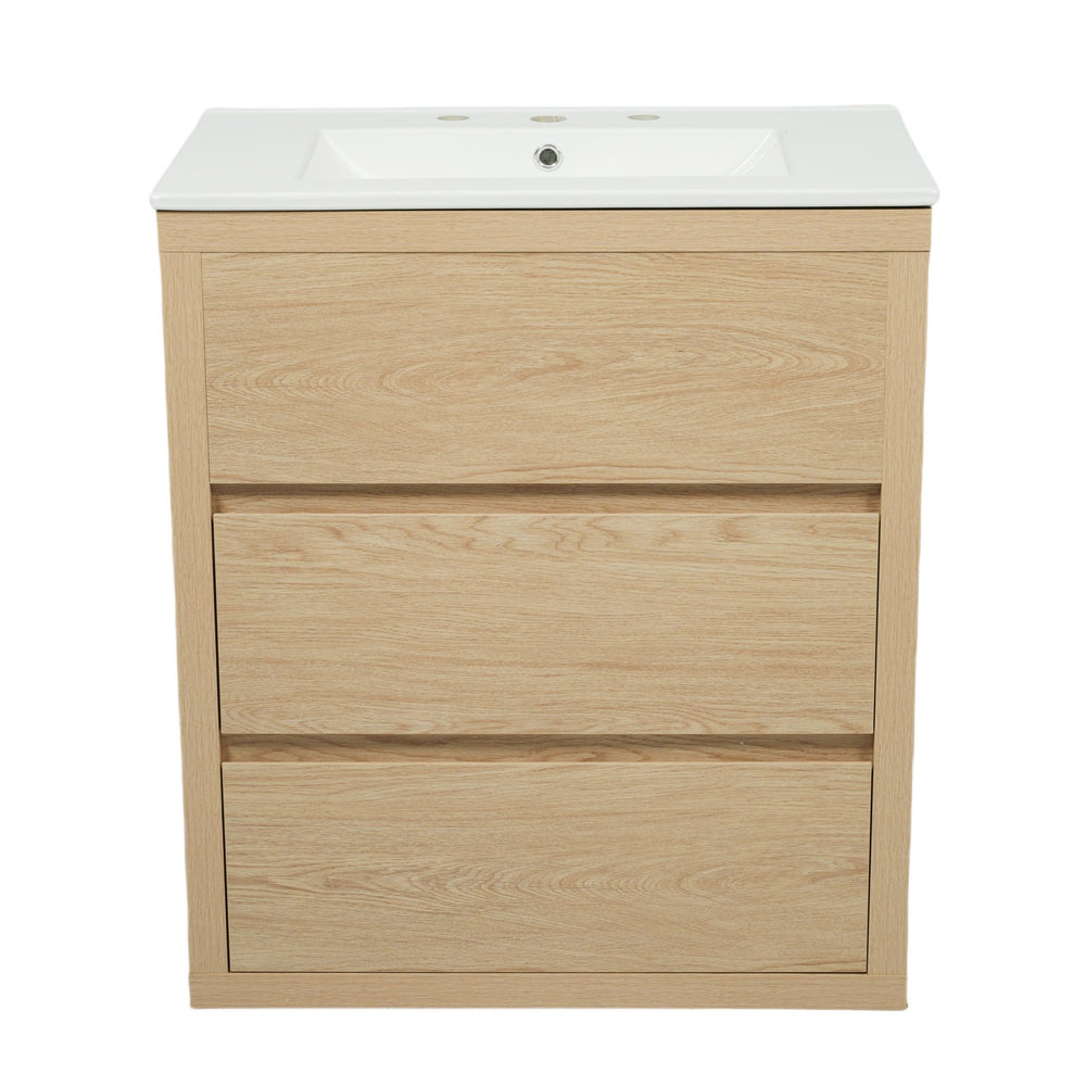 English Elm Christopher Knight Home® - 30" Bathroom Vanity with Ceramic Sink, 2 Soft-Close Full-Extension Drawers, Handle-Free 45° Design, Durable MDF Natural N817P280549N