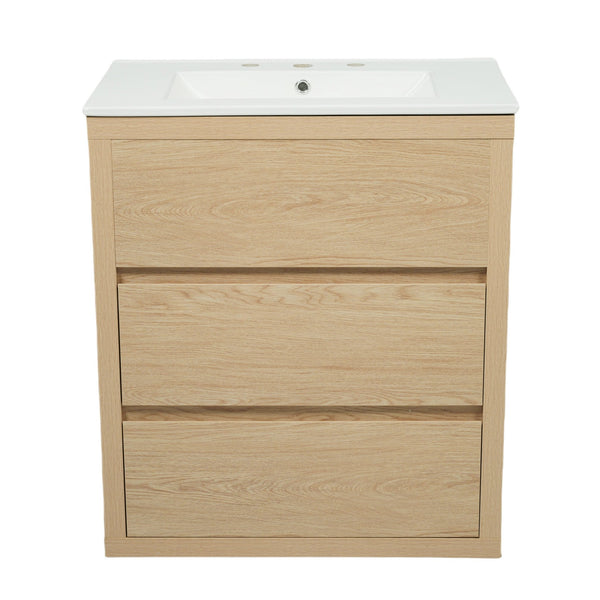 English Elm Christopher Knight Home® - 30" Bathroom Vanity with Ceramic Sink, 2 Soft-Close Full-Extension Drawers, Handle-Free 45° Design, Durable MDF Natural N817P280549N