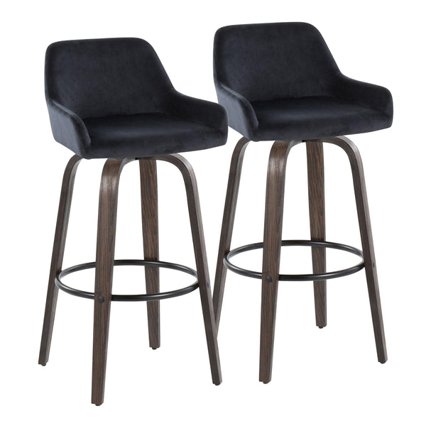 English Elm Daniella 30" Modern Barstool Set Of 2 With Swivel, Walnut Glazed Wood & Black Velvet Comfort Seat B202S00558