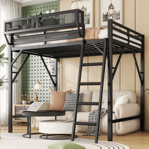 English Elm Queen Size Metal Loft Bed with Ladder and Built-In Storage Shelves, Sturdy High Bed for Teens 99" Black W2580P379983