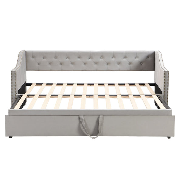 English Elm Twin Upholstered Daybed with Pop-Up Trundle, Space-Saving Guest Bed with Slats, Hydraulic Wheels, 81.9" L Gray SF000133AAE