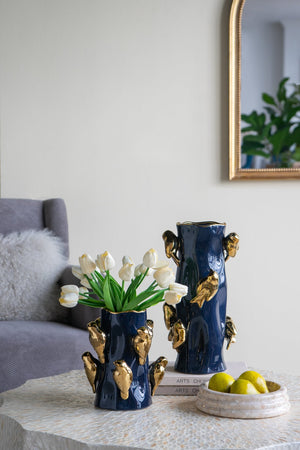 English Elm 8.7x8.7x15" Ceramic Lidded Jar with Lemon Motif and Leaf Accents — Chic Decorative Storage Accent Blue+Gold W2078P390445