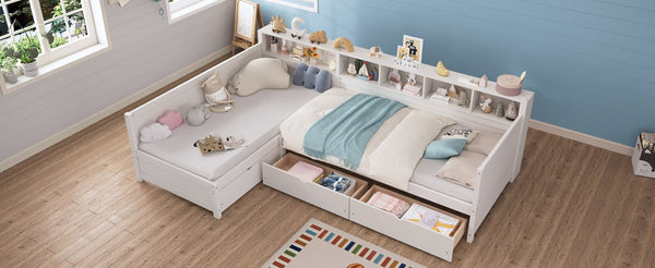 English Elm Twin Corner Daybed with Storage Drawers Bookshelf Wood L-shape Frame for Small Rooms White N733S369272K
