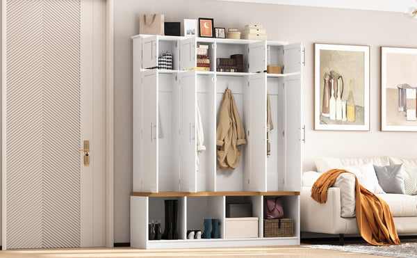 English Elm Wood Entryway Hall Tree with Bench Seating Coat Hooks Shoe Cubbies Cabinet White W5271S00004
