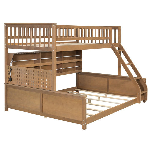 English Elm Twin Xl Over Queen Bunk Bed with Led Lighting Shelving and Pegboard Pinewood Frame Brown LT000280AAP