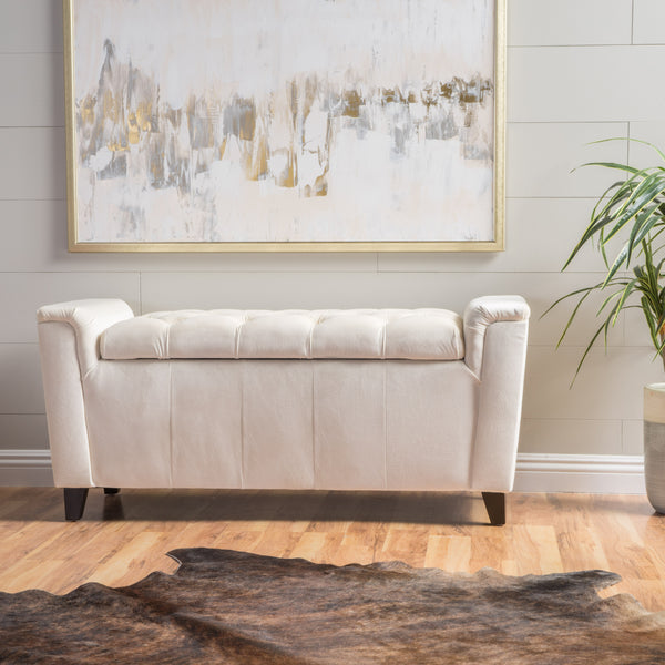 English Elm Christopher Knight Home® - ALDEN Velvet Armed Storage Bench in Ivory — 47" Long Upholstered Ottoman with Padded Seat & Hidden Storage 59338.00NVLT