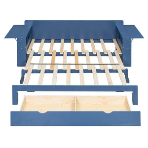 English Elm Queen Daybed with Hydraulic Desk Storage Drawers and Convertible Sofa for Small Spaces Blue LT000272AAC