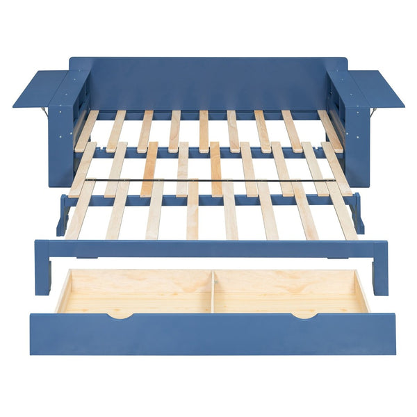 English Elm Queen Daybed with Hydraulic Desk Storage Drawers and Convertible Sofa for Small Spaces Blue LT000272AAC