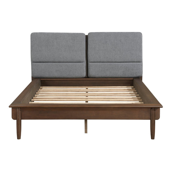 English Elm Walnut Veneer Eastern King Platform Bed Upholstered Gray Fabric Mid-century Frame B011S01614