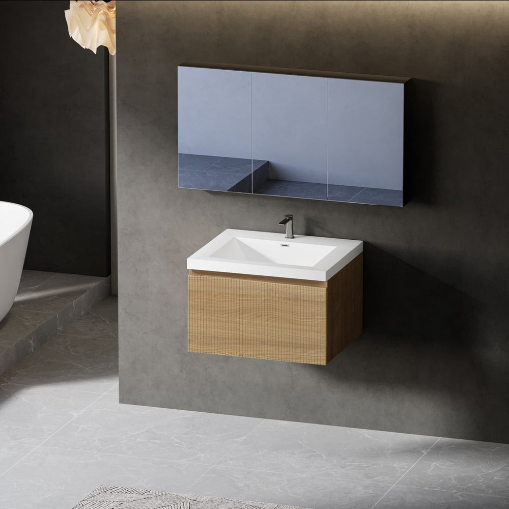 English Elm 24'' Wall Mount Bathroom Vanity Fluted Smoked Walnut Soft Close Drawer Quartz Basin W1920P385431