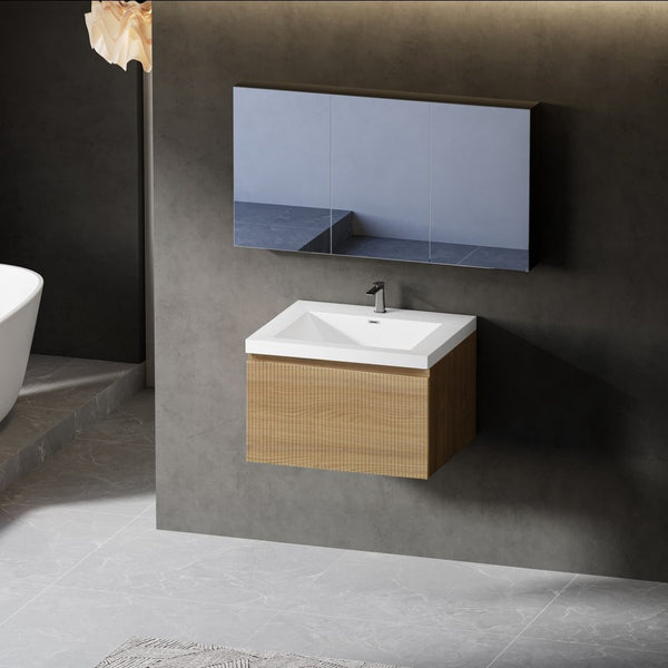 English Elm 24'' Wall Mount Bathroom Vanity Fluted Smoked Walnut Soft Close Drawer Quartz Basin W1920P385431