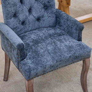English Elm Upholstered Chenille Club Dining Chair Tufted High Back with Curved Solid Wood Legs Blue W1143P449346