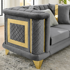 English Elm 89 Inch Gray Velvet Tufted Sofa Gold Steel Trim Victorian Mid-century Living Room W1191S00103