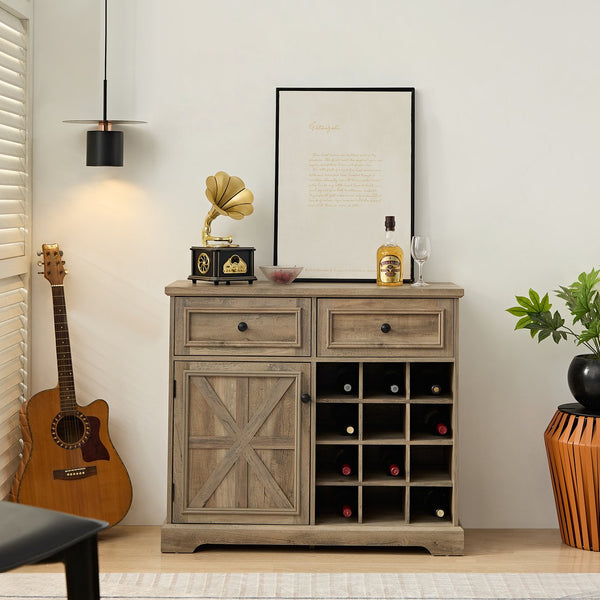 English Elm Farmhouse Wine Cabinet Bar with 12-Bottle Rack, Removable Storage, Glass Holder & Vintage Top Finish Gray Wash W1758P210364
