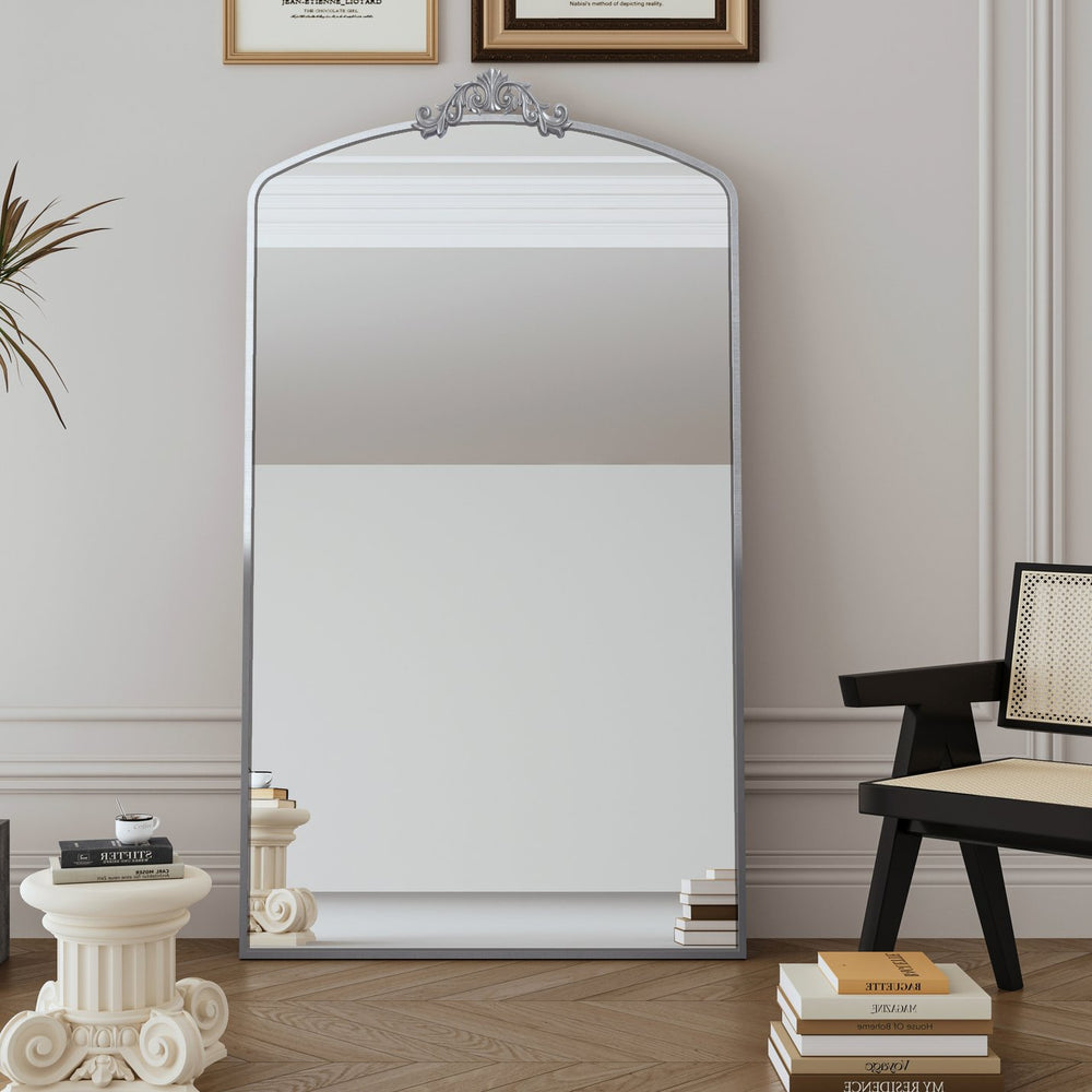 English Elm Full Length Vintage Ornate Arch Mirror 36x66 Inch Antique Silver Metal Frame Baroque Dressing Mirror for Entryway Bedroom Living Room Boutique Elegance W1435P278609