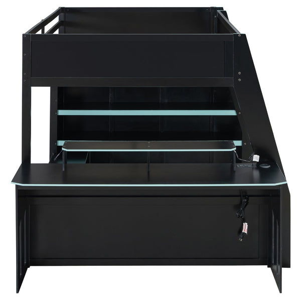 English Elm Full Size Wood Loft Bed with Rgb Lighting Desk and Multi-tier Shelves for Gaming Blue LT000374AAC