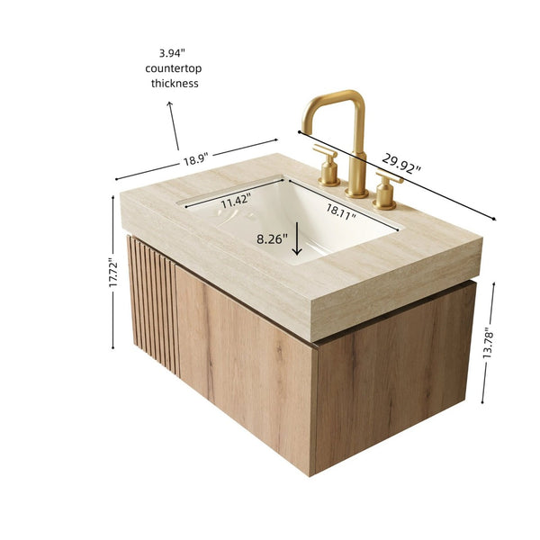 English Elm Muri Floating Bathroom Vanity Plywood Cabinet Travertine Stone Top White Oak Grain W2615S00612