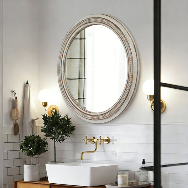 English Elm Vintage Round Wood Wall Mirror Beaded Ornate Frame Farmhouse Cottage Decor Accent W2295P414109