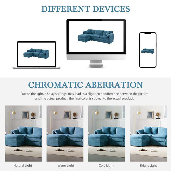 English Elm 103" Chenille Modular Sectional Sofa with Deep Wide Seats Double Cushions Removable Ottoman Luxurious Comfort for Living Room Blue N723S8687C