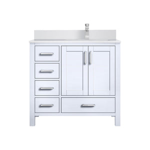 English Elm White 36 in Bath Vanity with Right Offset White Quartz Top, Soft-Close Drawers, Chrome Faucet Set B2731P259020