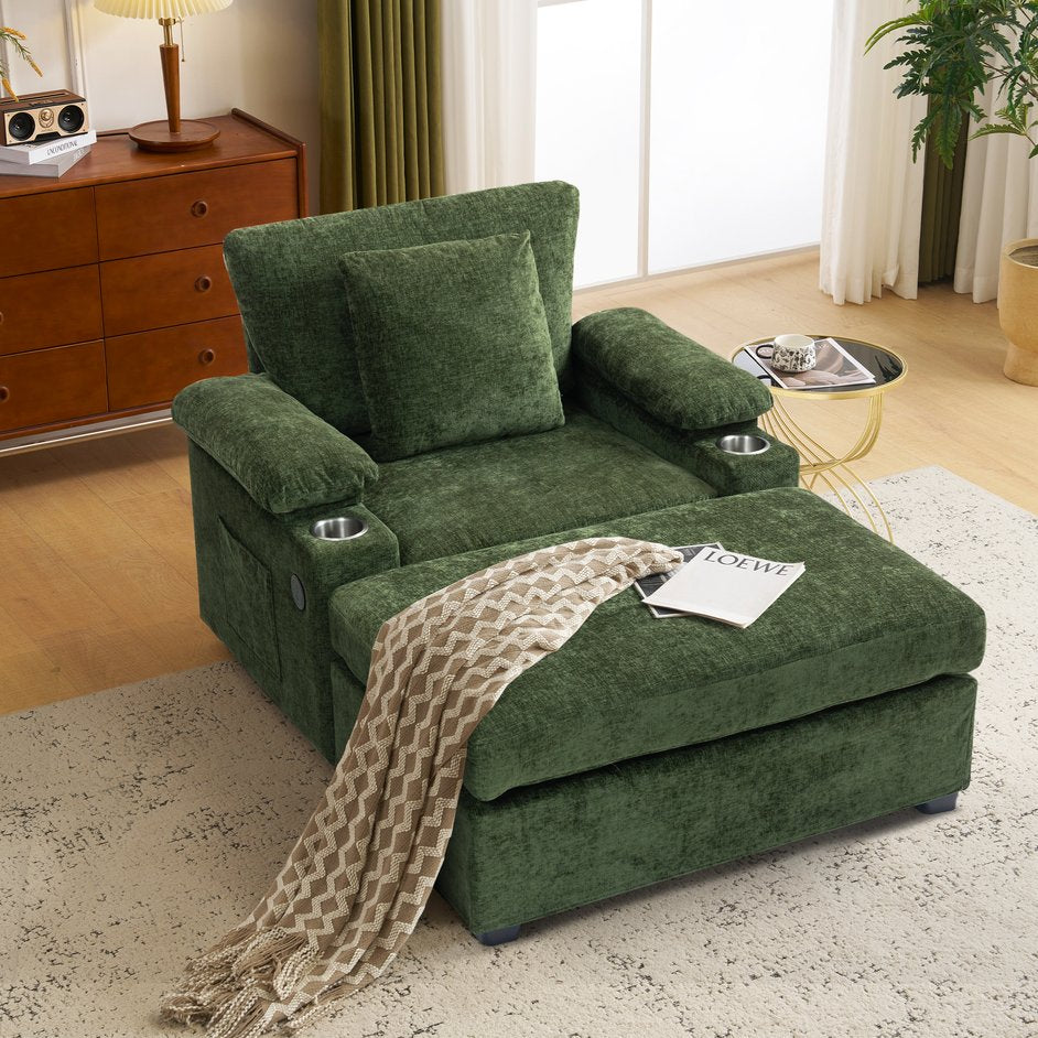 English Elm Ergonomic Oversized Chair with Ottoman Firm Chenille Support, Reclining Sofa Bed, Cupholders & USB Green W2606P293158