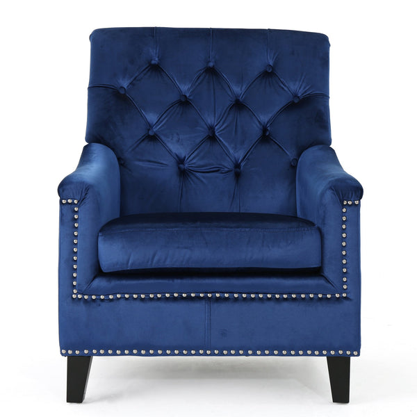 English Elm Christopher Knight Home® - Velvet Tufted Club Chair Jaclyn in Navy Blue — Luxe Tufting, Stud Trim, Plush Seat for Cozy Reading N758P278053B