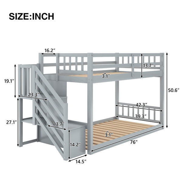 English Elm Twin Over Low Profile Floor Bunk Bed Pine Wood Frame with Storage Ladder Steps Gray SM000106AAE-1