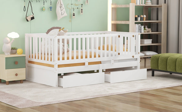 English Elm Twin Pinewood Daybed with Fence Guardrails Splits Into Two Floor Beds Storage White LP100881AAK
