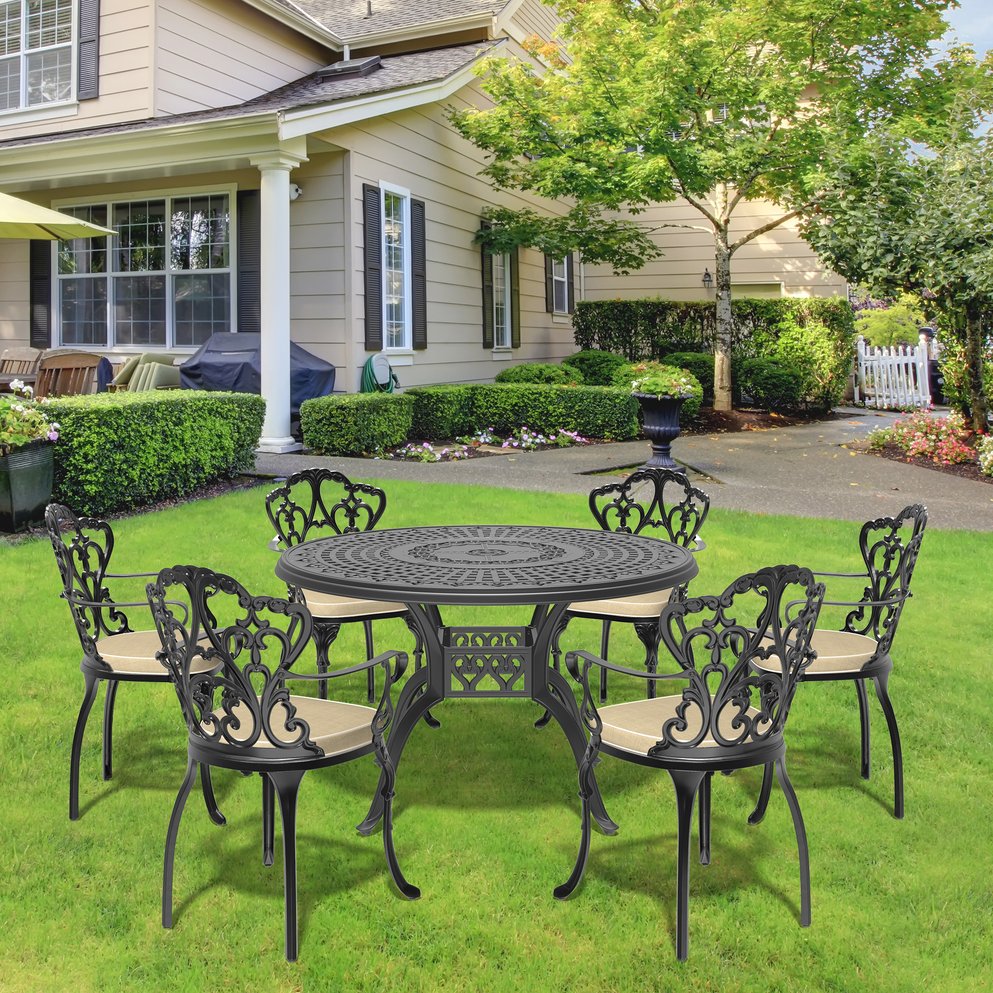 English Elm (Cushions) Elegant 7-Piece Cast Aluminum Patio Dining Set With Off-White Cushions For Outdoor Comfort W1710S00399