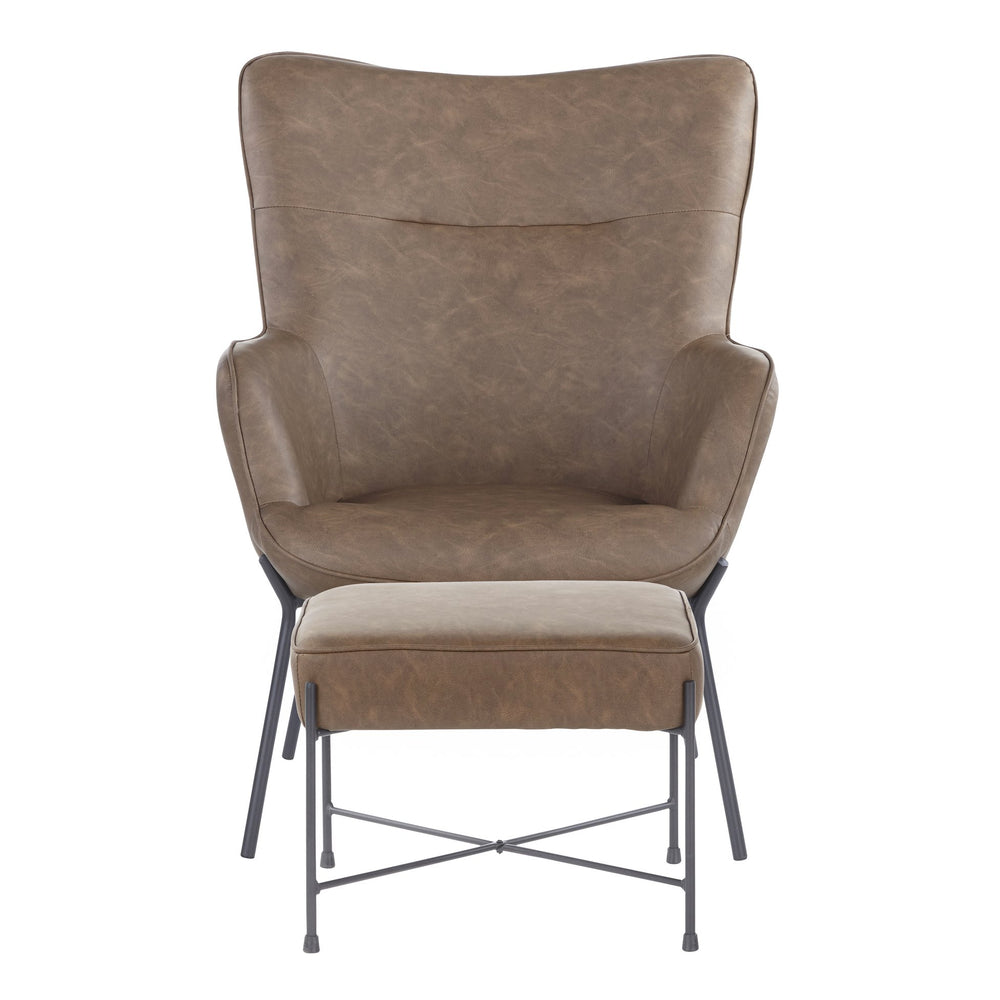 English Elm Izzy Industrial Lounge Chair and Ottoman Set with Tufted Faux Leather and Sleek Black Metal Frame - Cozy Modern Accent Espresso B202P223579