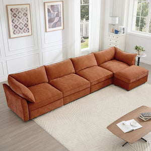 English Elm L-Shaped 4-Seater Sectional Sofa With Movable Ottoman & Storage, Soft Chenille In Chic Orange W3041S00210
