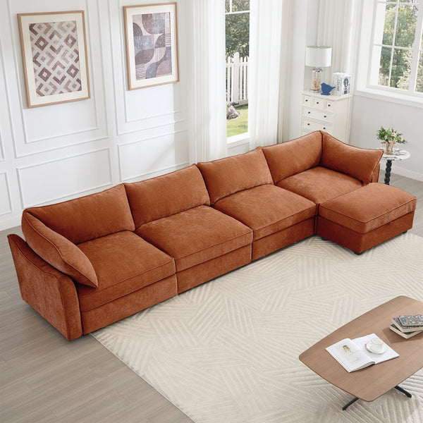 English Elm L-Shaped 4-Seater Sectional Sofa With Movable Ottoman & Storage, Soft Chenille In Chic Orange W3041S00210