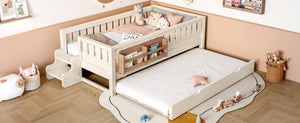 English Elm Twin Kids Platform Bed with Trundle Staircase Bookshelf and Rounded Safety Rails Beige W1580S00556