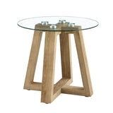 English Elm Modern and Practical Round Table. Made Of Clear Tempered Glass Top and Wood-Coloured Mdf Material. Suitable For Living Rooms and Bedrooms.