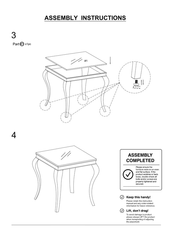 English Elm Glam Stainless Steel Coffee Table with Beveled Tempered Glass Top and Elegant Cabriole-Style Legs Silver,White 28 L x 28 W x 4 H B011S01177