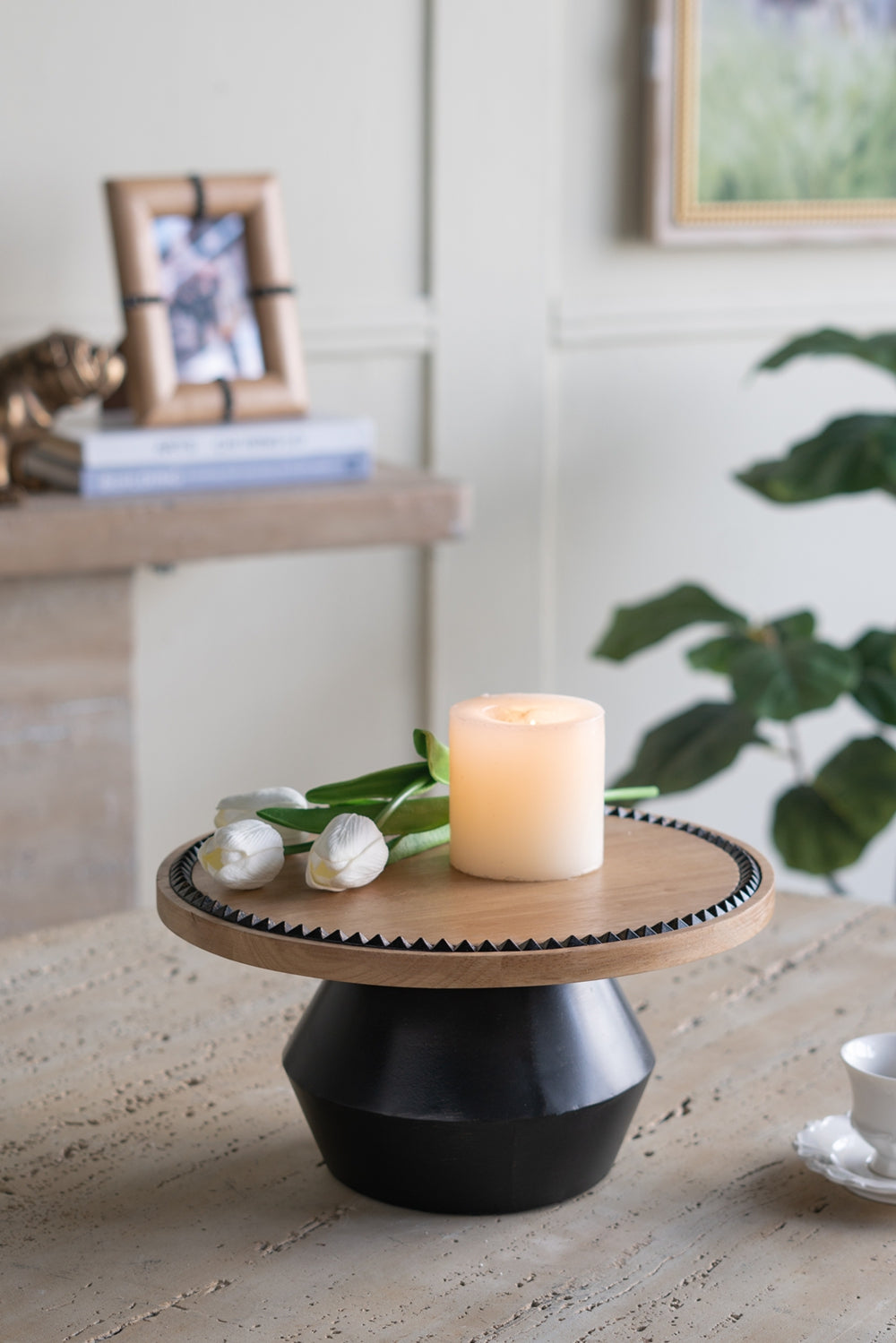 English Elm 12x12x6" Round Wooden Pedestal Tray with Warm Brown Top, Black Accents & Sculptural Iron Base for Centerpieces and Display (13.8x13.8x8) W2078P317955