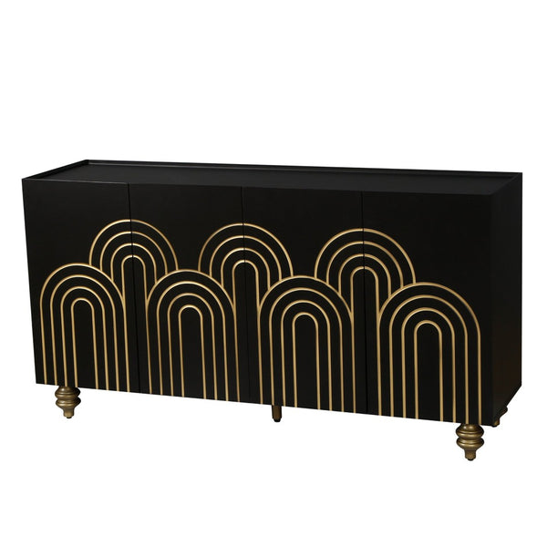 English Elm Modern Fluted Four Door Sideboard Matte Black Glam Cabinet with Gold Accent Feet W1445P256479