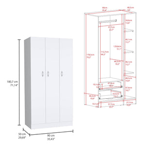 English Elm Ohio Armoire Spacious 3-Door Wardrobe with 2 Drawers, 4-Tier Shelves, Hanging Rods & Metal Handles White 74 L x 23 W x 2 H B200S00289
