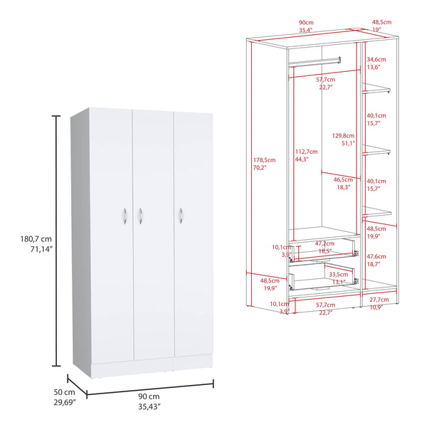 English Elm Ohio Armoire Spacious 3-Door Wardrobe with 2 Drawers, 4-Tier Shelves, Hanging Rods & Metal Handles White 74 L x 23 W x 2 H B200S00289