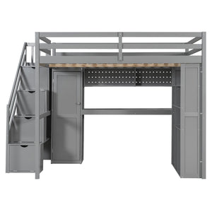 English Elm Full Loft Bed with Integrated Wardrobe Desk Shelving and Led Lighting for Teen Rooms Grey LT000927AAE
