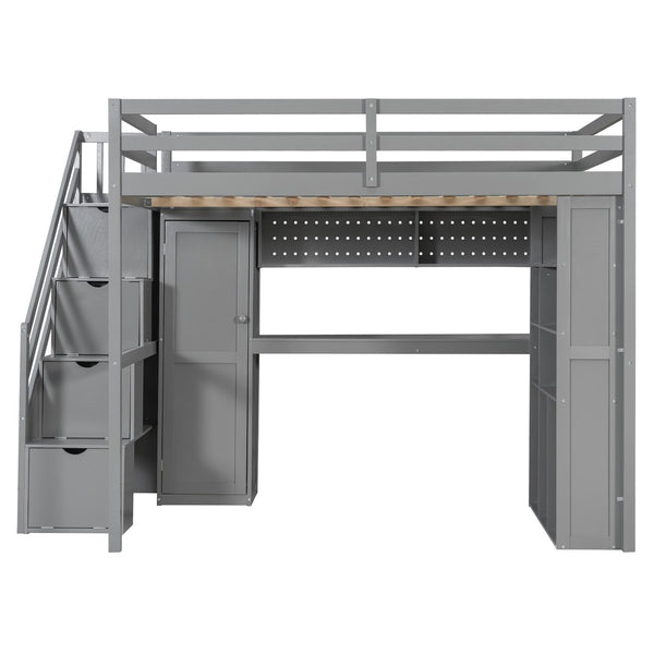 English Elm Full Loft Bed with Integrated Wardrobe Desk Shelving and Led Lighting for Teen Rooms Grey LT000927AAE
