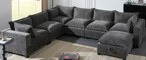 English Elm 118'' Modular Sectional Sofa with Movable Storage Ottoman, 7-Seat U-Shaped Chenille Couch for Cozy Living Gray N723S8893E